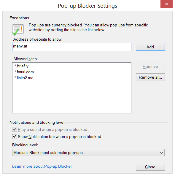 Enabling pop-ups in Internet Explorer